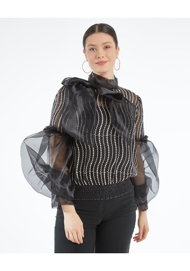 Desenli Transparan Kadın Bluz - Fiyonk Detaylı - Balon Kollu - Modern Ve Şık Tasarım - Özel Gün Ve Davet İçin Bluz Siyah