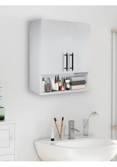 Ahşap Modern 2 Kapaklı Beyaz Lavabo Üstü Raflı Banyo Dolabı Beyaz
