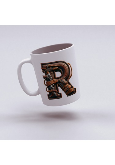 R Harfi Kovboy Temalı Bardak 330 Ml İsim / Harf Kişiye Özel Hediye - Vahşi Batı Konsept Beyaz