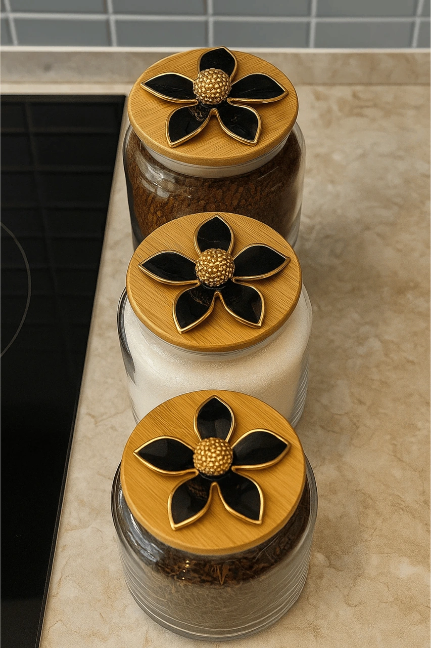 3'lü Metal Siyah Çiçek Figürlü Bambu Kapaklı Cam Kavanoz Şık Saklama Kabı 635 Cc Şeffaf