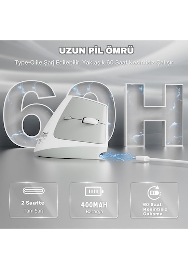 İ300 Kablosuz Ergonomik Dikey Mouse- 84gr-sessiz Tıklama- 57 Açı-16.000 Dpı Diğer