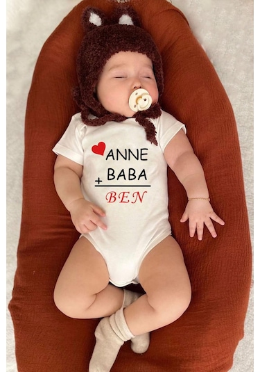 Bebeqon Anne Baba Ben Yazılı Bebek Zıbın Bbqnz011 Ekru