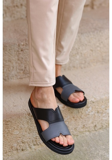 Hakiki Deri Kalın Bantlı Çift Renkli Ortopedik Erkek Terlik