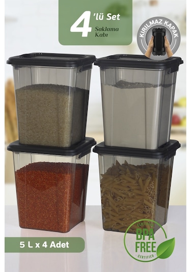 4'lü Organizer Box 5 L Un Bakliyat Erzak Kabı - Kilit Kapaklı Düzenleyici Deterjanlık Saklama Kutusu Siyah
