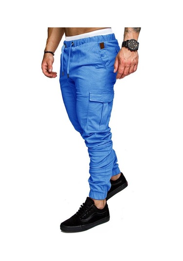 Erkek İlkbahar Ve Sonbahar Uzun Pantolon Moda Günlük İpli Elastik Pantolon Düz Renk Cepli Pantolon Beyaz