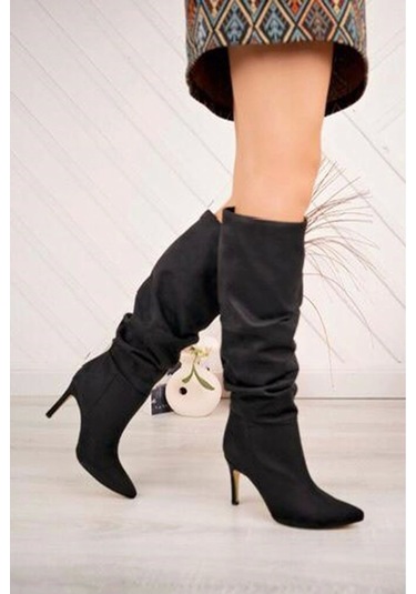 Syt-2003 Siyah Süet Körüklü İnce Topuklu Günlük Bayan Çizme Siyah