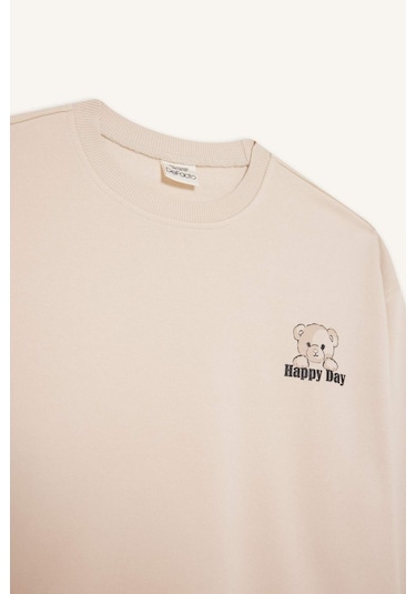 Defacto Kız Çocuk Oversize Geniş Kalıp Bisiklet Yaka Baskılı Sweatshirt E6755a825auer230 Ekru