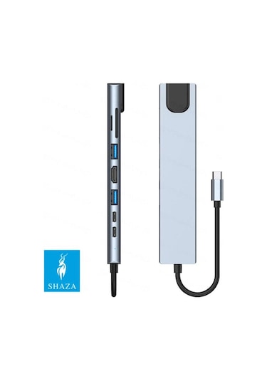 Shaza 8in1 USB Type-C Hub Port Adaptör HDMI USB Ethernet PD Girişli