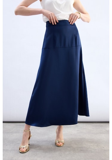 Sateen Yüksek Bel Saten Etek - Lacivert-136785 Lacivert