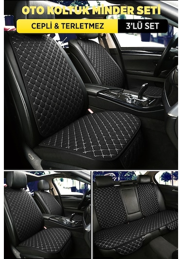 Tay Tüyü Sırtlı Oto Koltuk Minder Seti - Oto Koltuk Kılıf Seti - Cepli & Terletmez - Siyah Beyaz