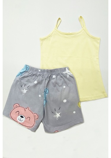 Kız Çocuk Şortlu Pijama Takımı Askılı Ayıcık Baskılı A13 Pembe