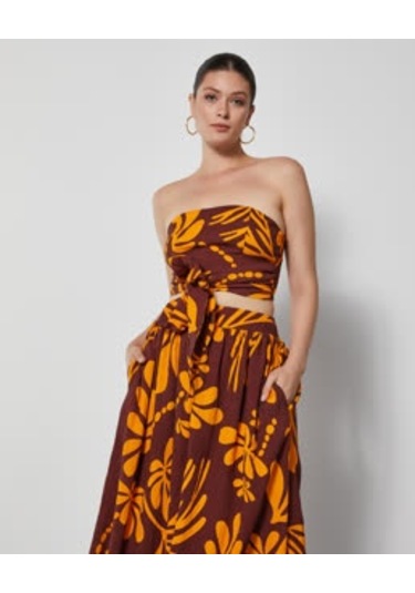 Kadın Straplez Desenli Takım Bağlamalı Büstiyer Ve Bol Kesim Pantolon Etek Kahve