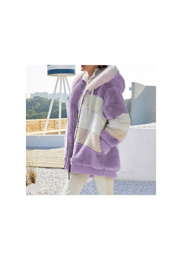 Sonbahar Kış Sıcak Peluş Cep Kapşonlu Sokak Giyim Gevşek Kadın Fermuarlı Kaşmir Dış Giyim Palto Kadın Büyük Boy Ceket Palto Mor