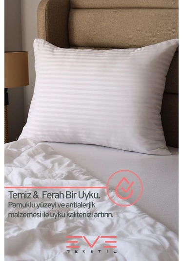Eve Tekstil 2 Adet Çizgili Saten Fermuarlı Antialerjik Yıkanabilir Silikon Elyaf Yüksek Dolgulu Yastık 900 Gr Beyaz