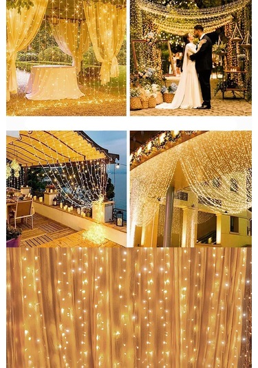 3x2 Metre 192 Ledli 12 Saçaklı Perde Led Işıklar Animasyonlu Kumandalı Fişli - Günışığı Gün Işığı