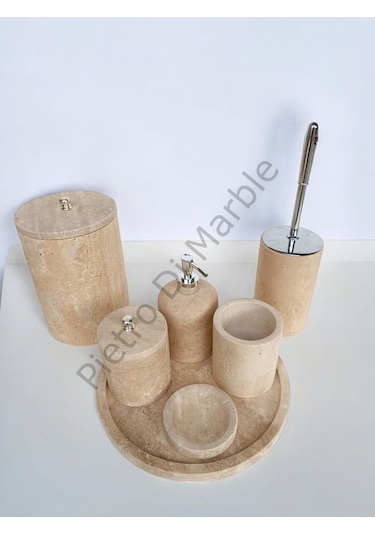 Sarı Traverten Klasik Model 7 Parça Gümüş Renk Düğme Aksesuarlı Banyo Seti Sarı Traverten