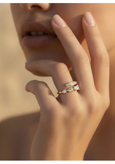 Ayarlanabilir Damla Model Zirkon Taşlı Gold Renk Çelik Yüzük Altın