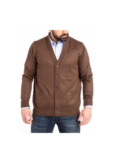 Nacar Store Erkek Düğmeli Ince Yün Triko Örme Baba Hırka Kahverengi