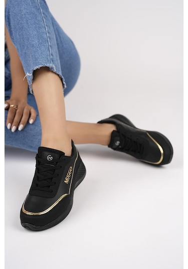 Muggo Happy Garantili Kadın Ortopedik Günlük Bağcıklı Şık Rahat Sneaker Spor Ayakkabı Siyah - Altın