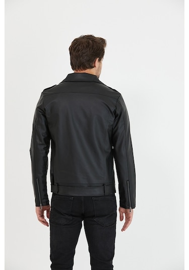 Erkek Siyah Yeni Sezon Çapraz Fermuarlı Kemerli Deri Ceket Mont-Siyah