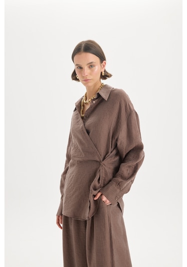 Mai Collection Mai Studios Co. Yovena Düğme Detay Kahve Oversize Gömlek Kahve