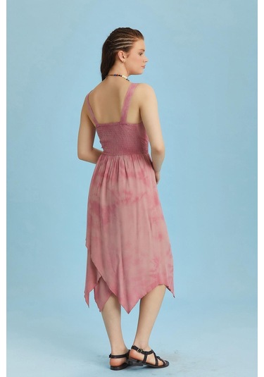 Kruvaze Yaka Etek Katlı Bohem Şık Batik Elbise 001