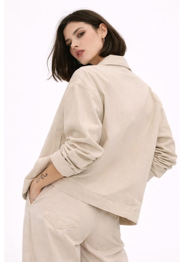 Kadın Oversize Basic Gabardin Mevsimlik Polo Yaka Ceket-385 Taş