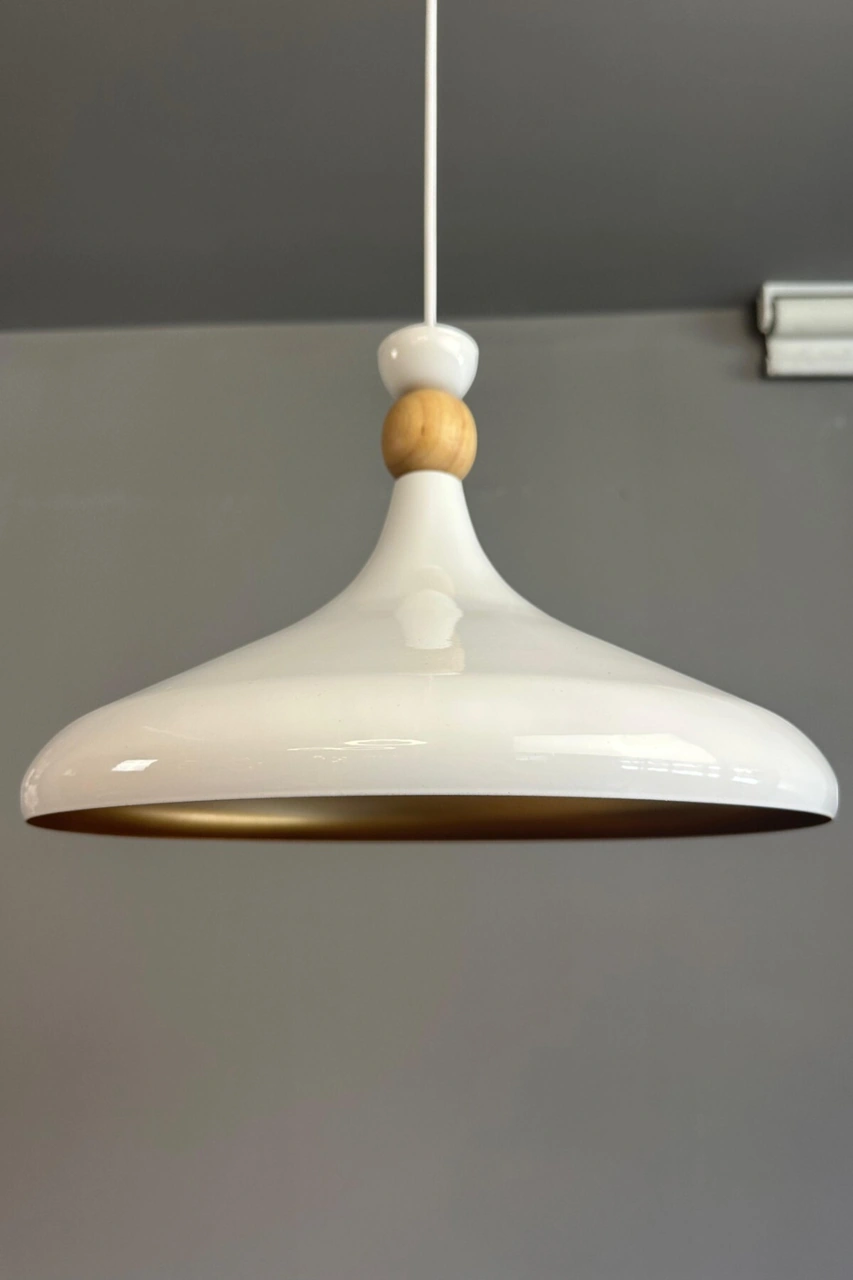 Champion Beyaz Ahşap Şapka Tekli Avize Sarkıt Salon Mutfak Cafe Butik Lamba Aydınlatma Avizeler Beyaz-Gold