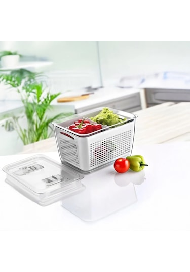 Vinoa 2,5 Litre Süzgeçli Buzdolabı Düzenleyici Organizer + Saklama Kabı Beyaz