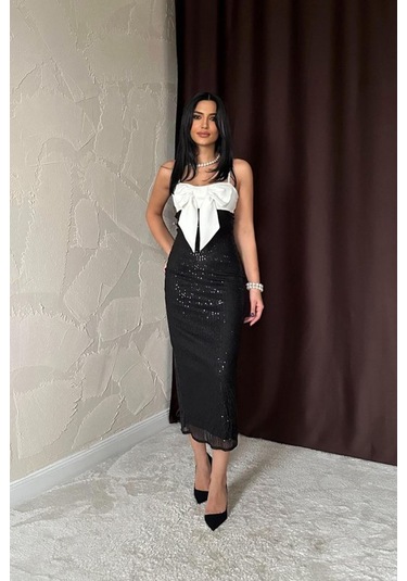 Siyah Önü Fiyonklu Garnili Elbise Siyah