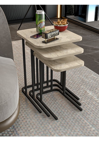 Zigon Sehpa Metal Ayak 3'lü Koltuk Yan Sehpa Zino Traverten Çok Renkli