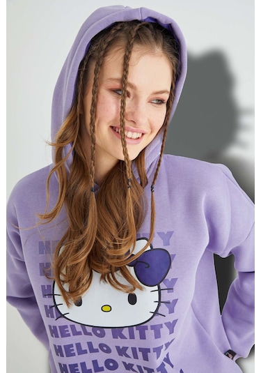 Hello Kitty Lisanslı Baskılı Kapüşonlu Oversize Sweatshirt Çok Renkli