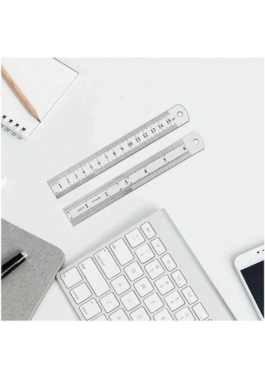 15cm 6 İnch - Çift Taraflı Paslanmaz Çelik Metal Cetvel - Kalınlık 1mm Gri