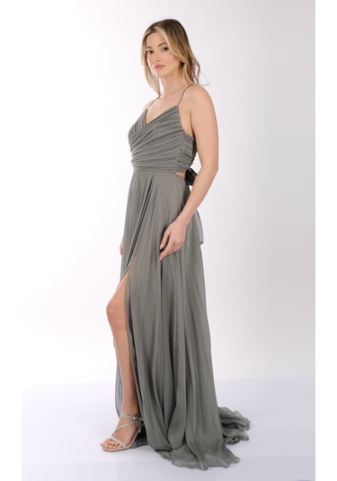 Dori İnce Askılı Önden Yırtmaçlı Drape Kiloş Abiye Elbise 00kb6128 Çağla