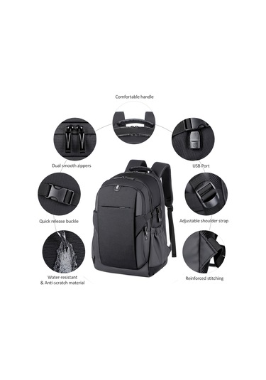 Lemestar Usb Şarj Portlu, Suya Dayanıklı Oxford Kumaşlı, Çok Bölmeli Seyahat-iş Okul Sırt Çantası Gri Gri