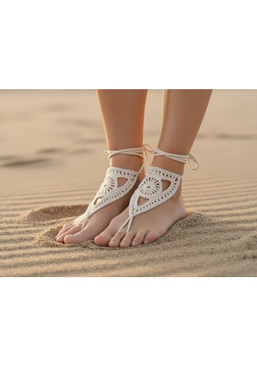 Boho Stil Barefoot Sandal El Yapımı Ekru Ayak Aksesuarı Çift