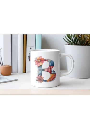 B Harfli Retro Çiçekli Kupa Bardak - Patchwork Tarz Yamalı Desenli İsme Özel Kupa - Hediye Beyaz
