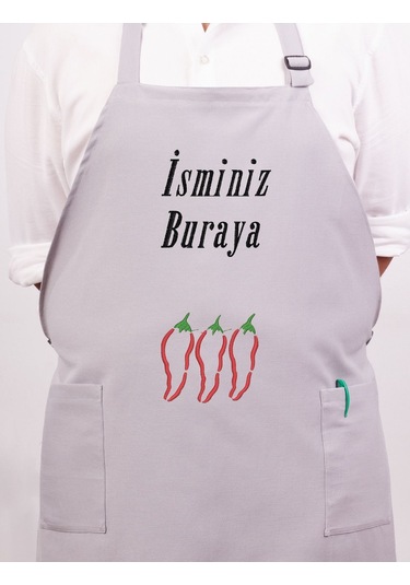 Mutfak Önlüğü Kişiye Ve İsme Özel Nakışlı Mutfak Önlüğü Biber01 Farklı Renkler Gri