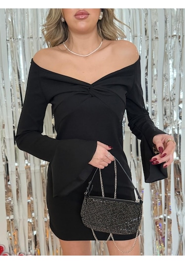 Tua Moda Kadın Yolbaşı Özel Uzun Kollu Çapraz Derin Dekolte Detaylı Ithal Krep Kısa Elbise Siyah