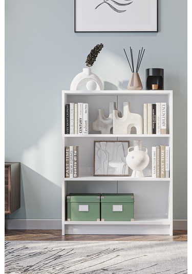 Bili Kitaplık 3 Raflı Geniş Çok Amaçlı Ofis Salon Kitap Dosya Rafı Beyaz Beyaz