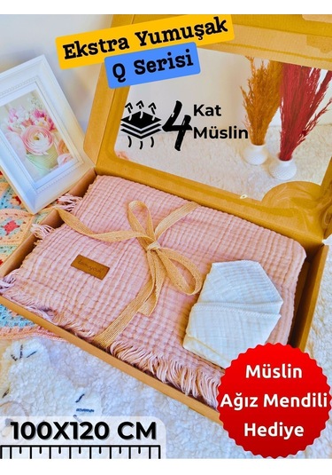4 Kat Müslin Mint Yeşil Saçaklı Bebek Battaniyesi 100x120 Cm- %100 Pamuklu & Çok Amaçlı Battaniye Sütlü Kahve