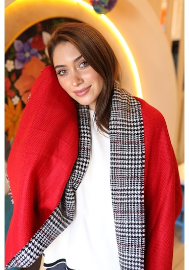 Çift Taraflı Kazayağı Desenli Atkı Omuz Şalı 70x185 CM 1212 Kırmızı