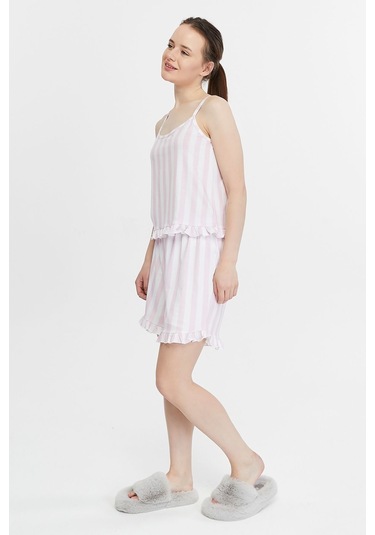 Bella Dossi Askılı Rahat Pamuklu Çizgili Kumaştan Fırfır Detaylı Şortlu Kadın Pijama Takımı Pembe/beyaz Pembe