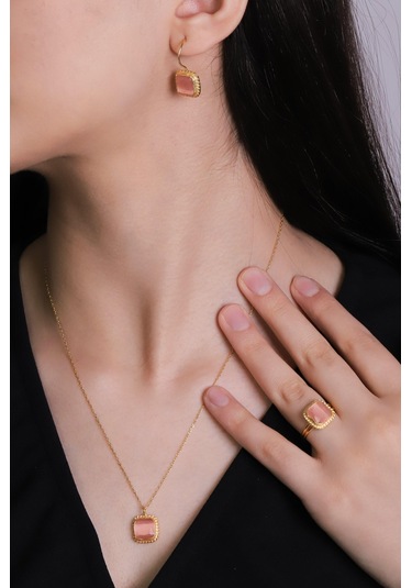 Beyisa Güneş Taşı Serisi Sarma Kare Kesim Pembe Renkli 22 Ayar Altın Kaplama Kadın Set