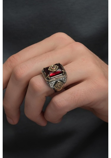 Kırmızı Taşlı Çiçek Motifli 925 Gümüş Erkek Yüzük
