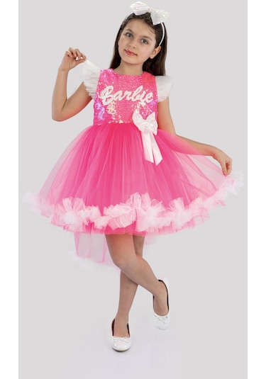 Pembe Barbie Ponpon Kuyruk Etekli Barbie Taçlı Kız Çocuk Doğum Günü Parti Elbisesi-Pembe