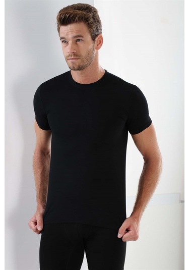 Erkek Siyah Sıfır Yaka Kısa Kol Fanila Tişört %100 Pamuklu Penye 3'lü Paket Siyah