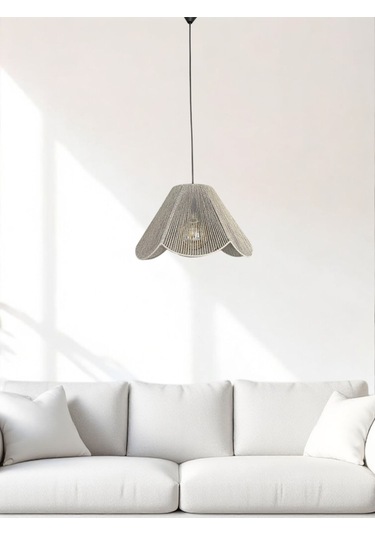 Hasır El Yapımı Bohem Çiçek Şekilli Rustik Avize - Gri Gri