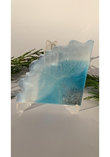 Deniz Mavi Tonlu Siyah Simli Üçgen Dalgalı Epoksi Bardak Altlığı Okyanus Mavisi