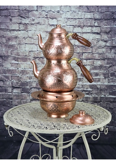 Gül Çiçek Eskitme Bakır Çaydanlık ve Osmanlı Ocağı Bakır